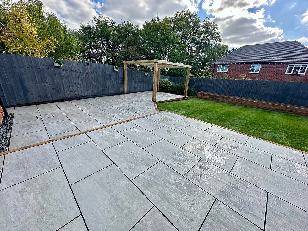 Professionally landscaped garden with porcelain patio in Tamworth