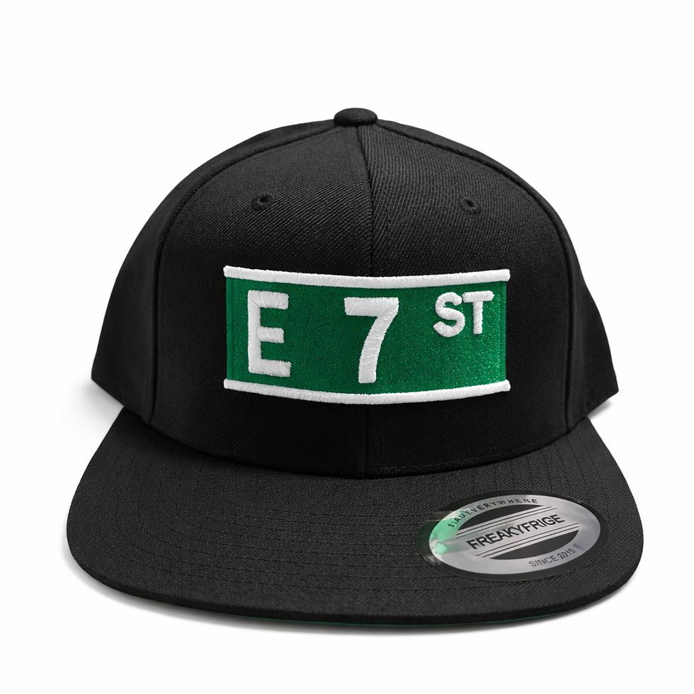 Black snapback hat with E 7th St street sign patch.