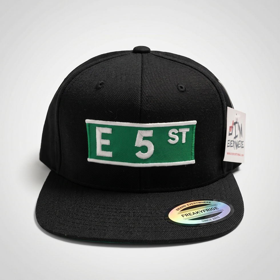 Black snapback cap with E 5th St green street sign patch