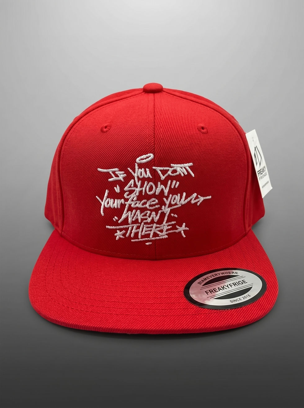 Red Show Your Face cap with white graffiti text