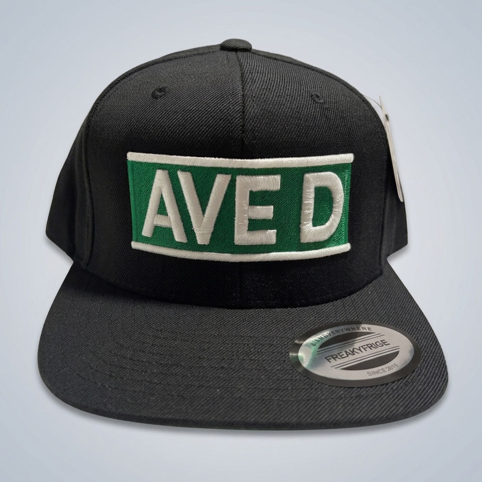 Black Ave D snapback hat with green street sign patch