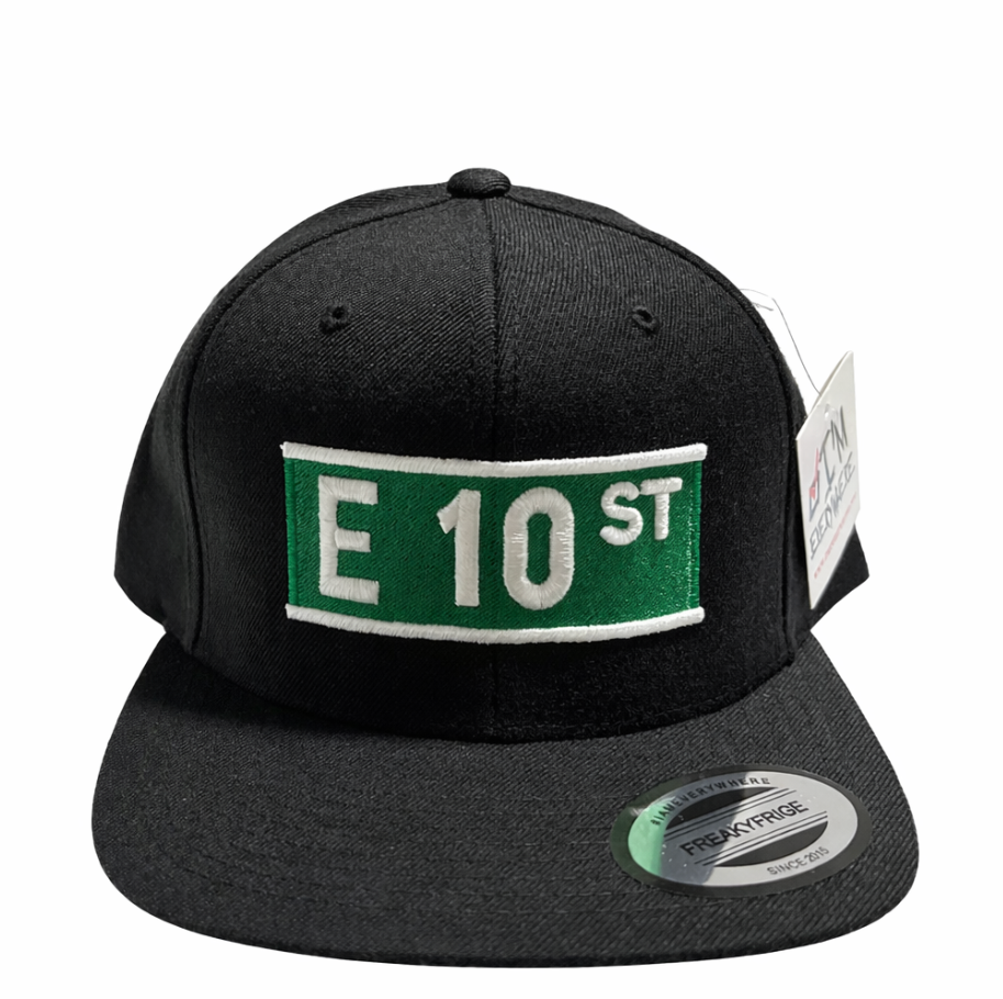 Black snapback hat with E 10th St street sign patch