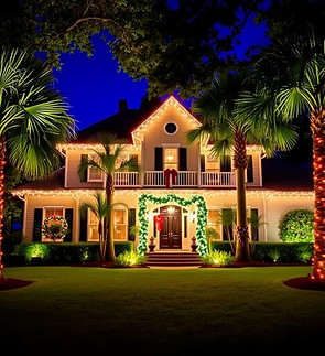 lowcountry home with palm trees and christmas lights on perimeter of roof.jpg