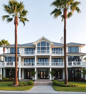 whole view of the front of the home, lots of windows, with palm trees to make it coastal.j