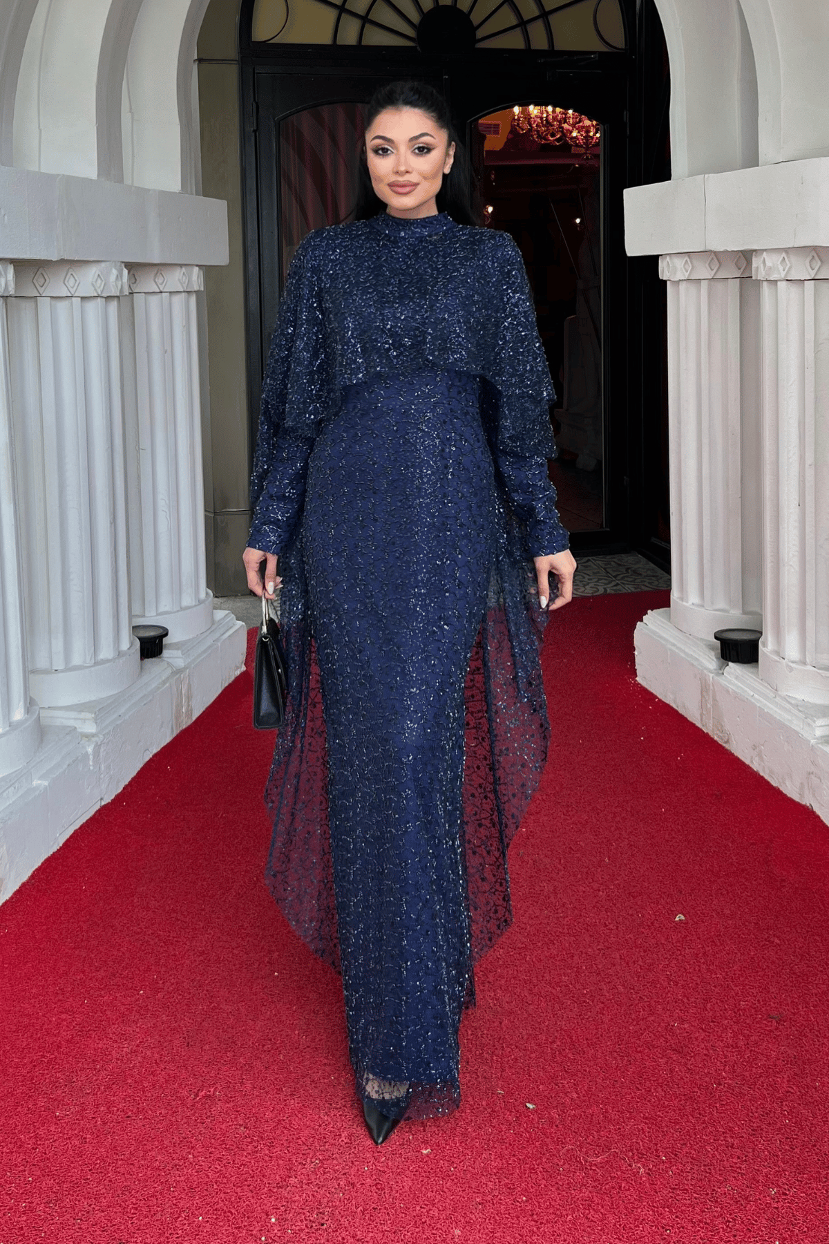 Full Boncuk Kumaş Pelerin Detaylı Abiye Elbise