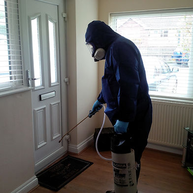 Phil Martin award winning pest technician carrying out a chemical flea control treatment to scerting boards in a residential property