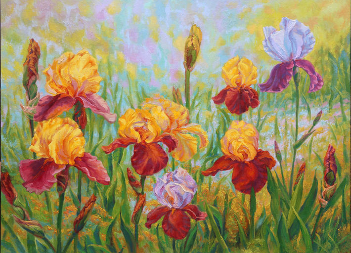 floral art, irises, landscape painting oils, flower garden