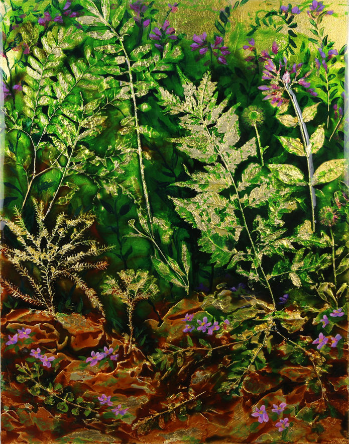 botanical art, garden lover, fern plants, forest floor, metallic art, gold leaf