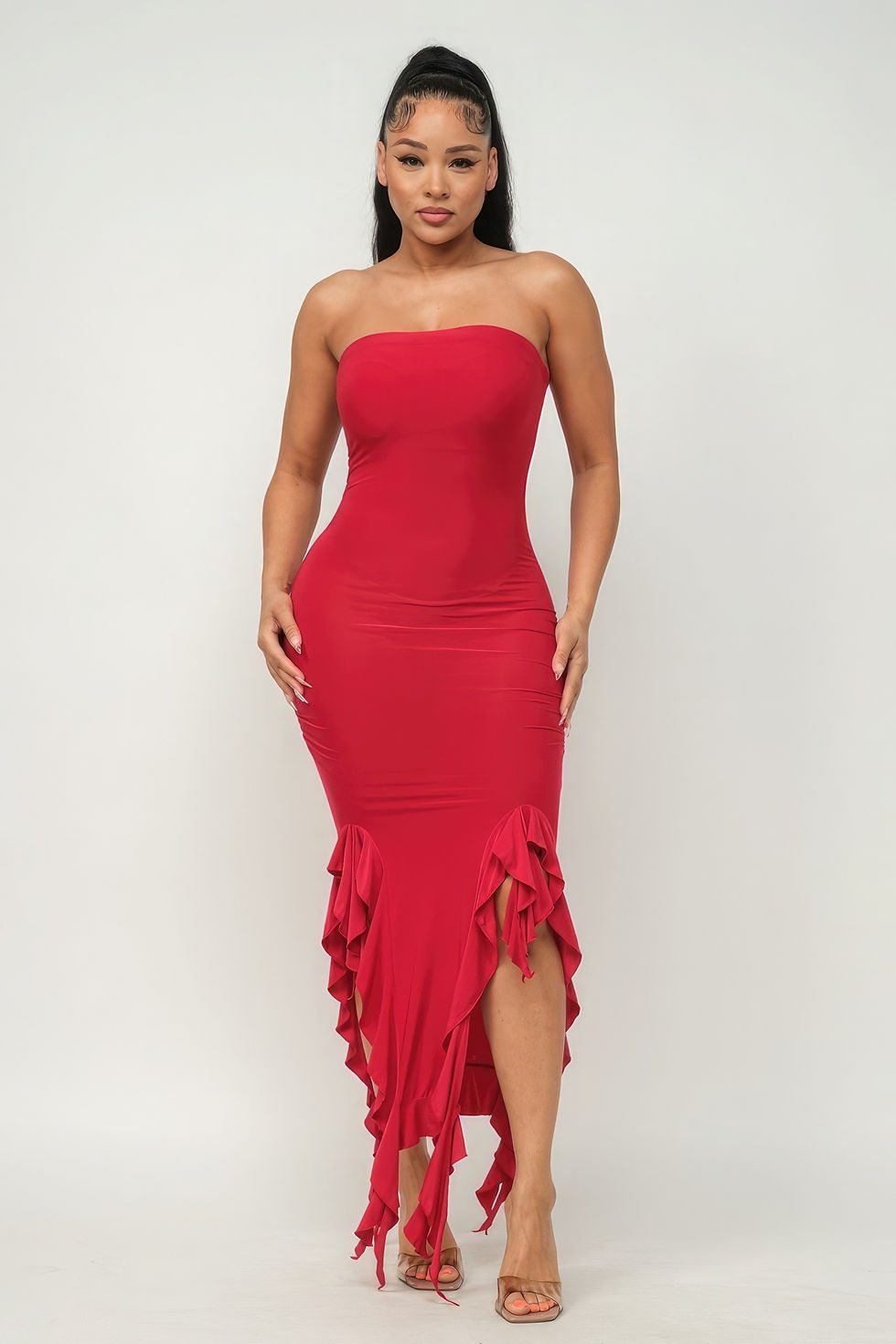 Thumbnail: Solid Bottom Ruffle Trim Hem Slit Tube Maxi Dress