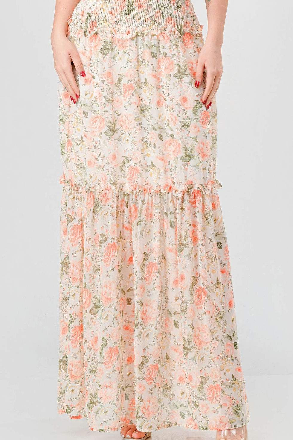 Thumbnail: Floral Chiffon Off Shoulder Smocked Back Ruffled Tiered Maxi Dress