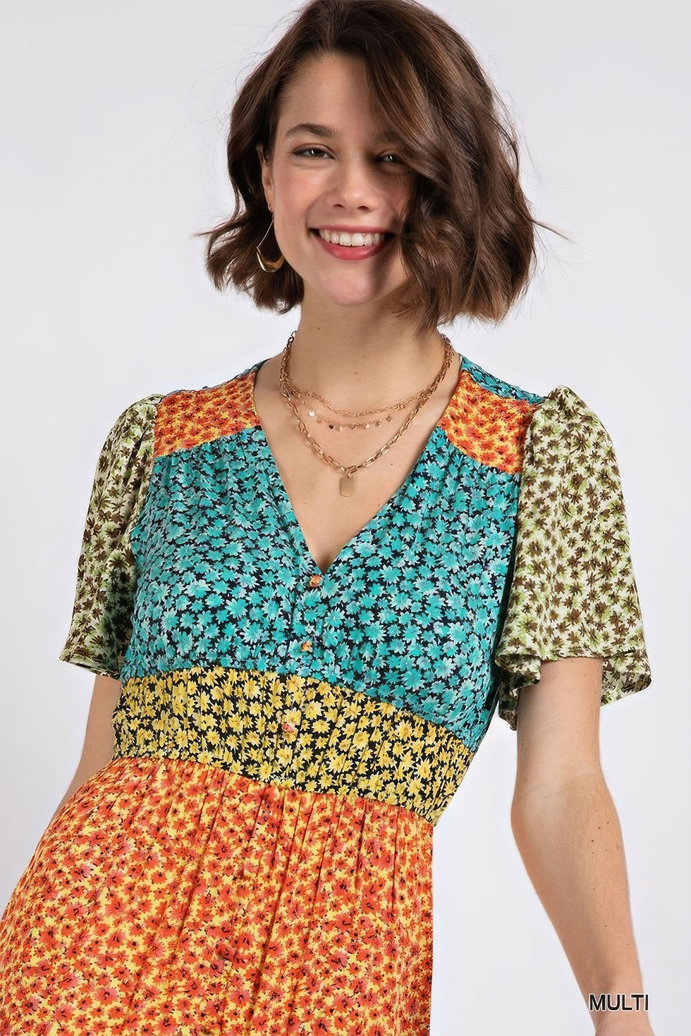Thumbnail: Ditsy floral color block v-neck split button up maxi dress