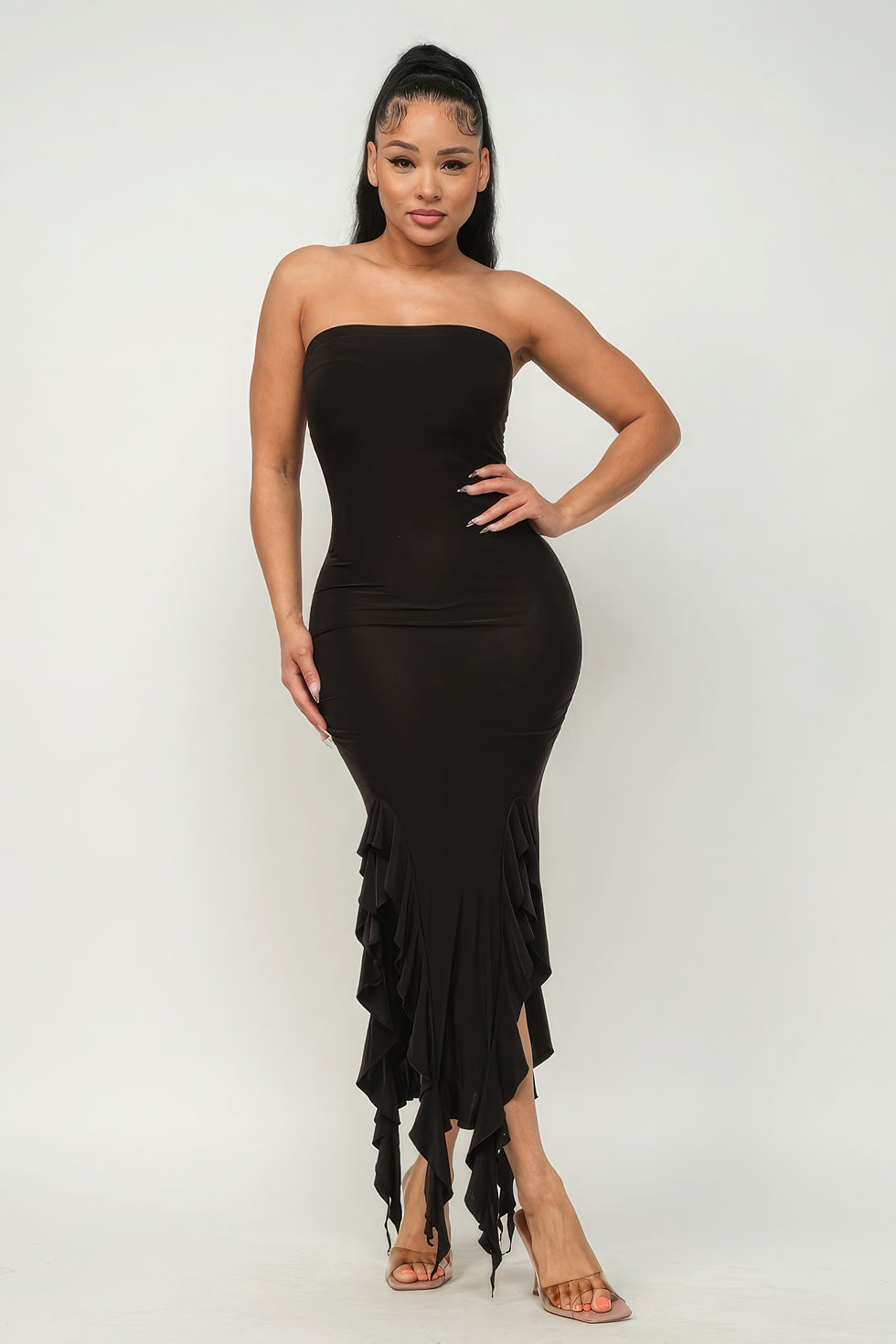 Thumbnail: Solid Bottom Ruffle Trim Hem Slit Tube Maxi Dress