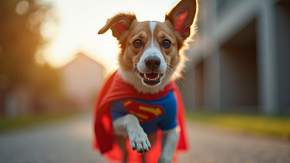 Eye-level view of a playful dog wearing a superhero costume