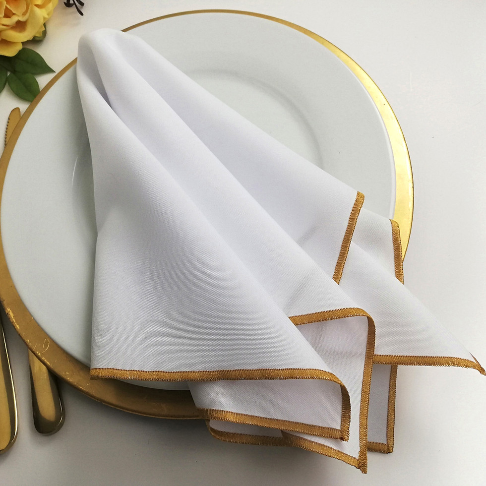 Thumbnail: white polyester napkin with a gold trim flowing across a white plate
