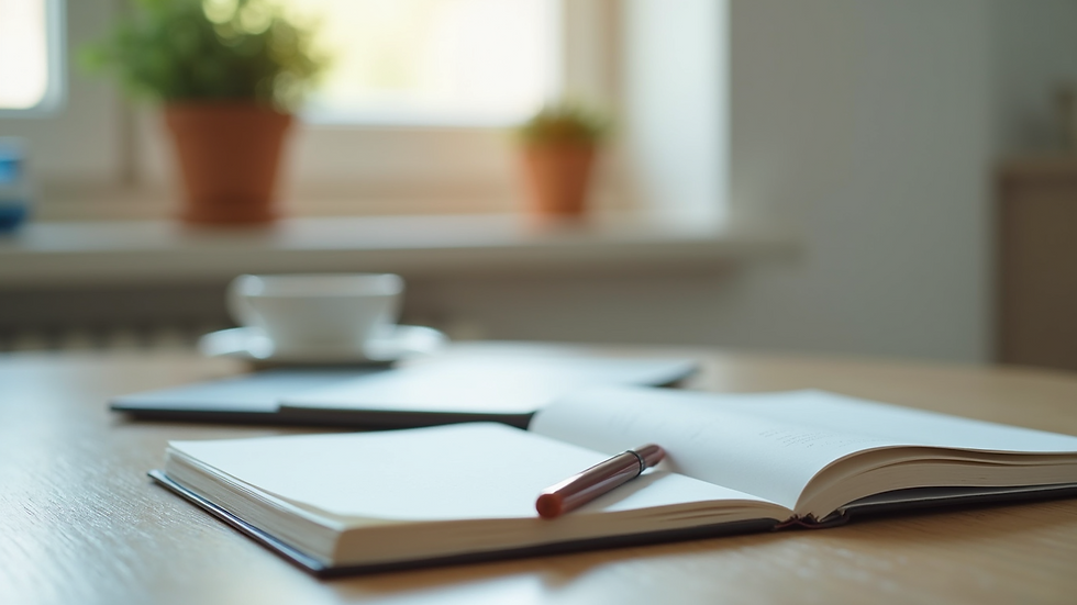 Close-up view of a therapist’s desk with a notebook, pen, and calming decor
