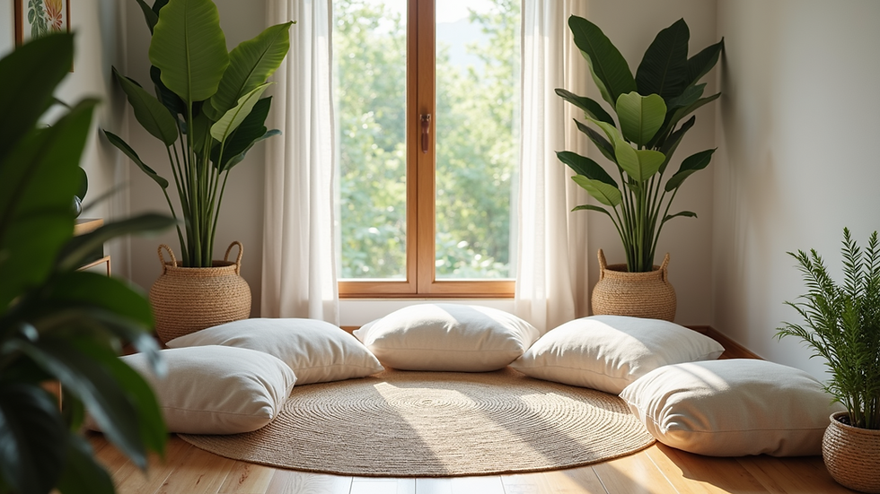 High angle view of a serene indoor meditation corner with plants and soft cushions