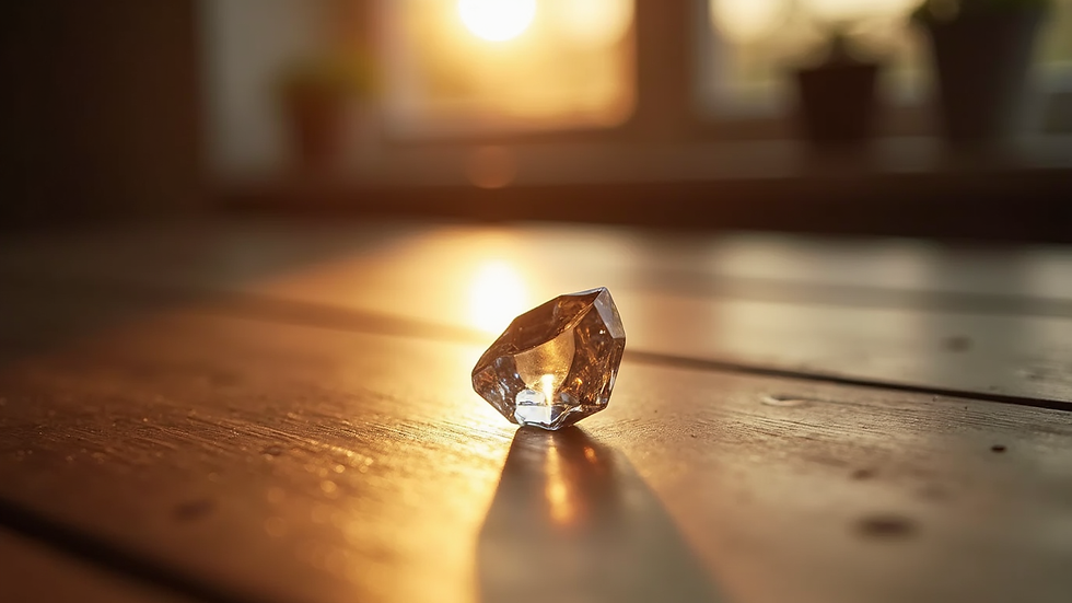 Close-up view of a crystal emitting soft light on a wooden table