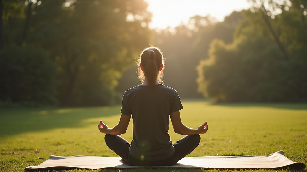 Close-up view of a person sitting cross-legged on a mat in a serene outdoor setting