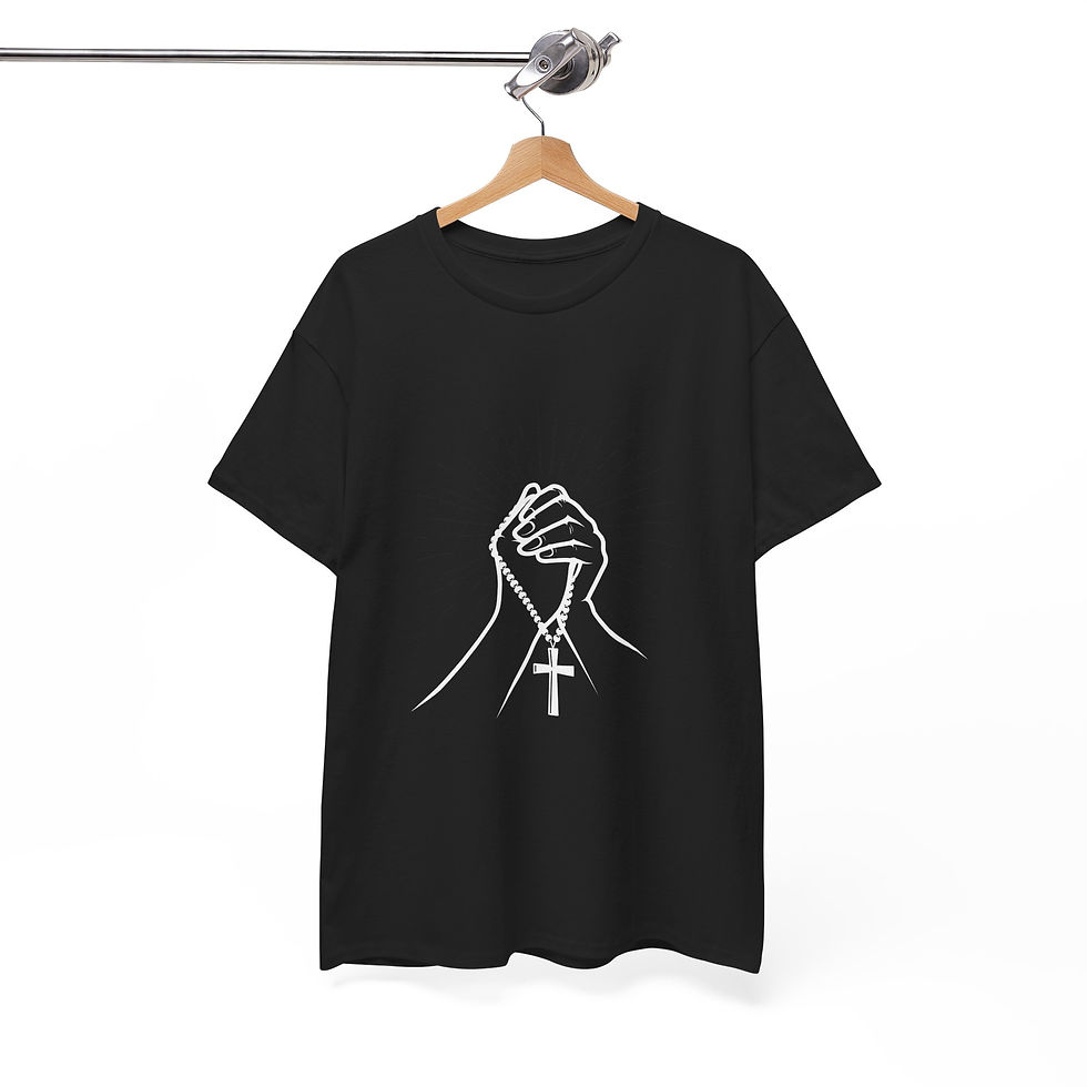 Thumbnail: Unisex Heavy Cotton Tee – Hand in Prayer Holding Rosary Beads & Cross