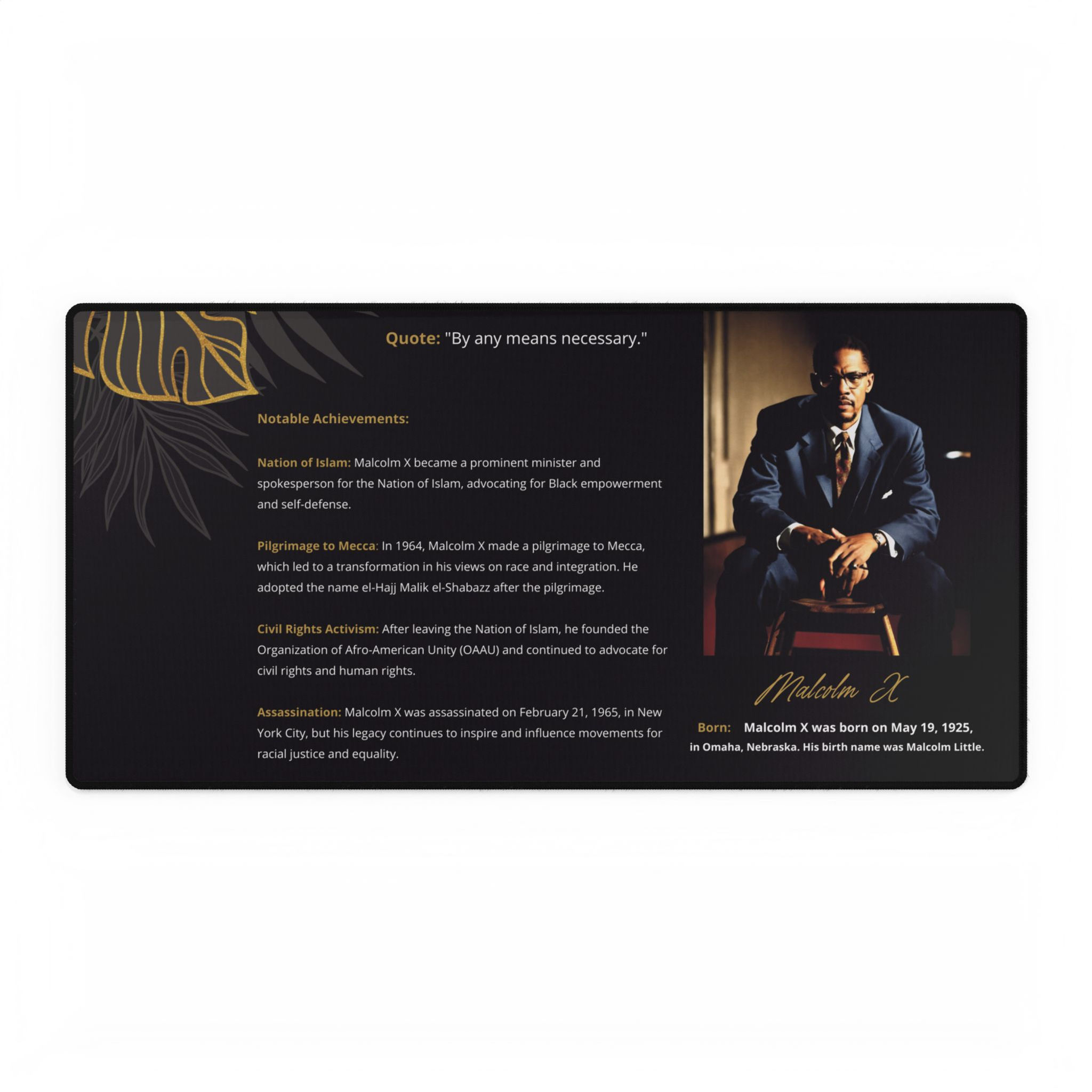 Malcolm X Inspirational Desk Mat – Anti-Slip, Durable