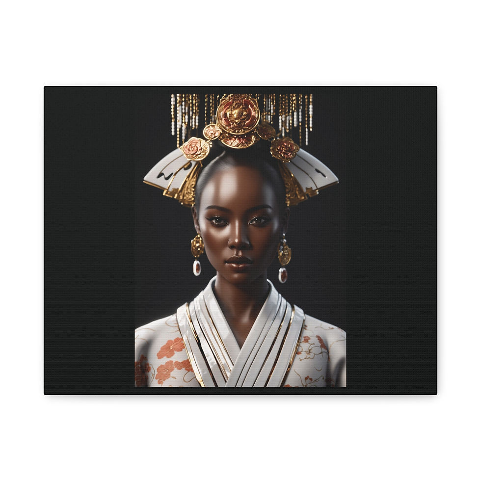 Afro Caribbean Japanese Woman in White Gold and Pink Dress 14 x 11 Matte Canvas