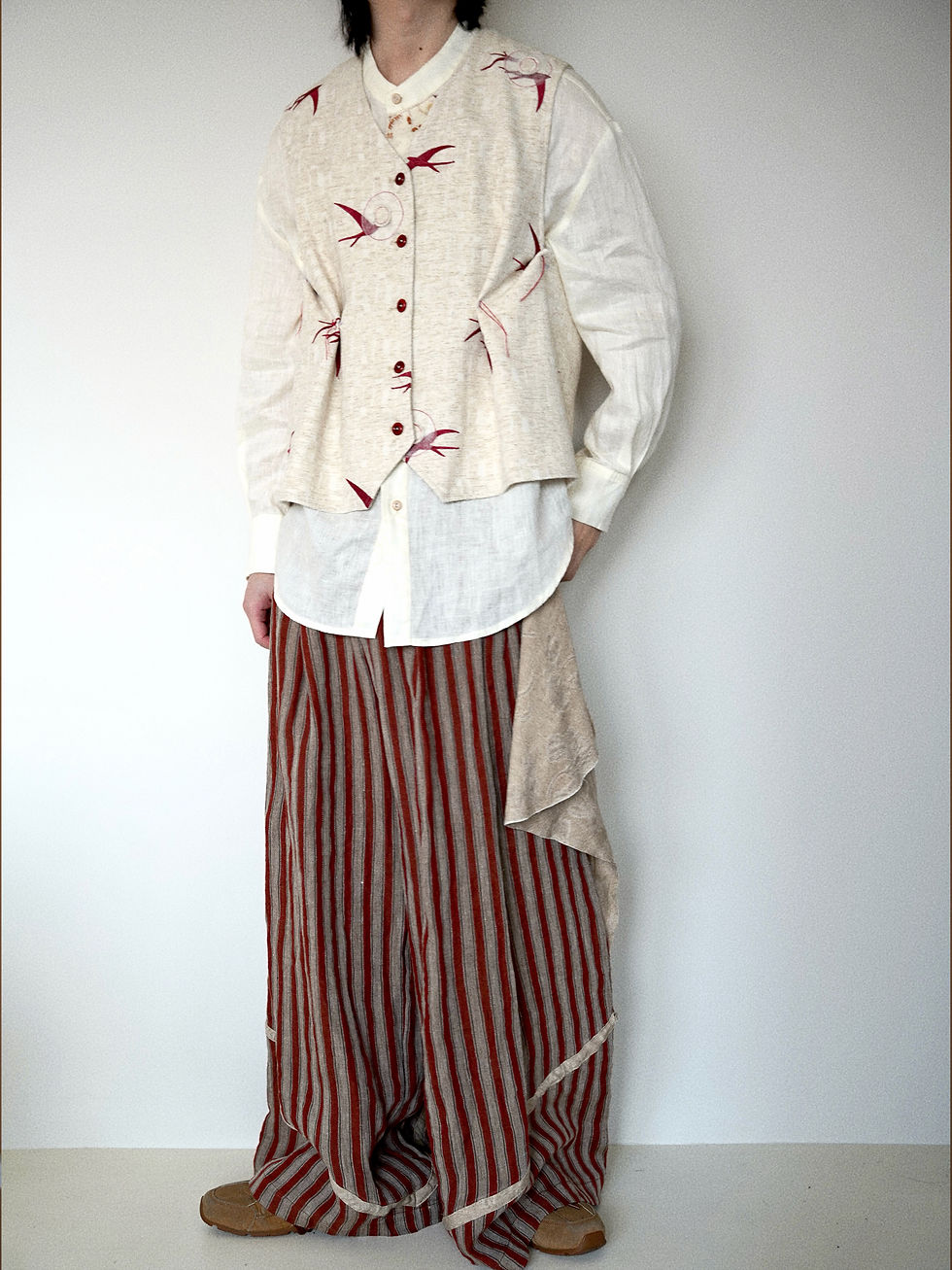 Thumbnail: Swallow Embroidery Reversible Linen Waistcoat