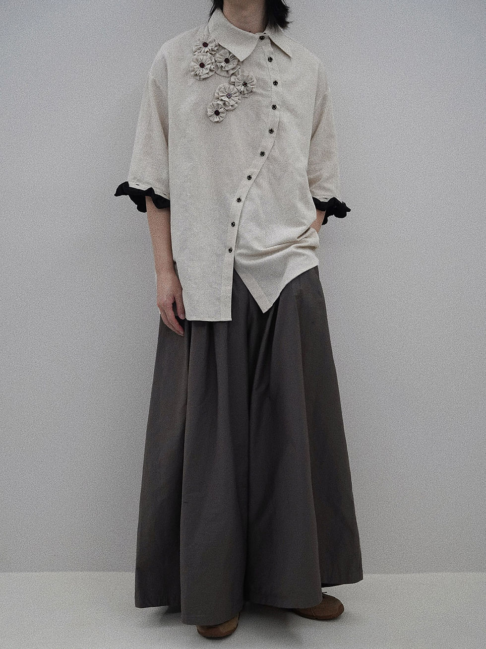 Thumbnail: Detachable Sleeve Linen Shirt with Handmade Floral Appliqué & Asymmetric Button 