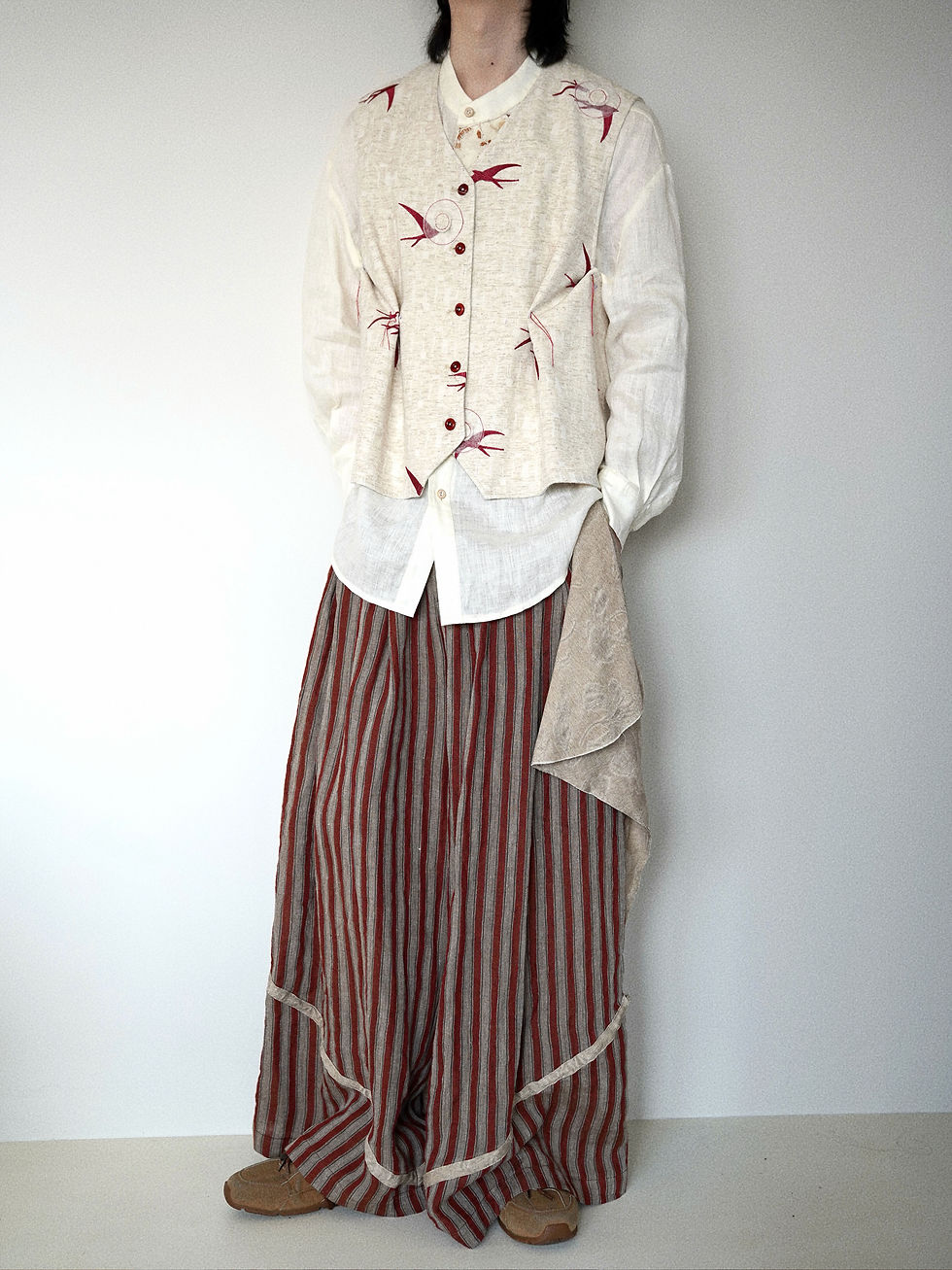 Thumbnail: Swallow Embroidery Reversible Linen Waistcoat