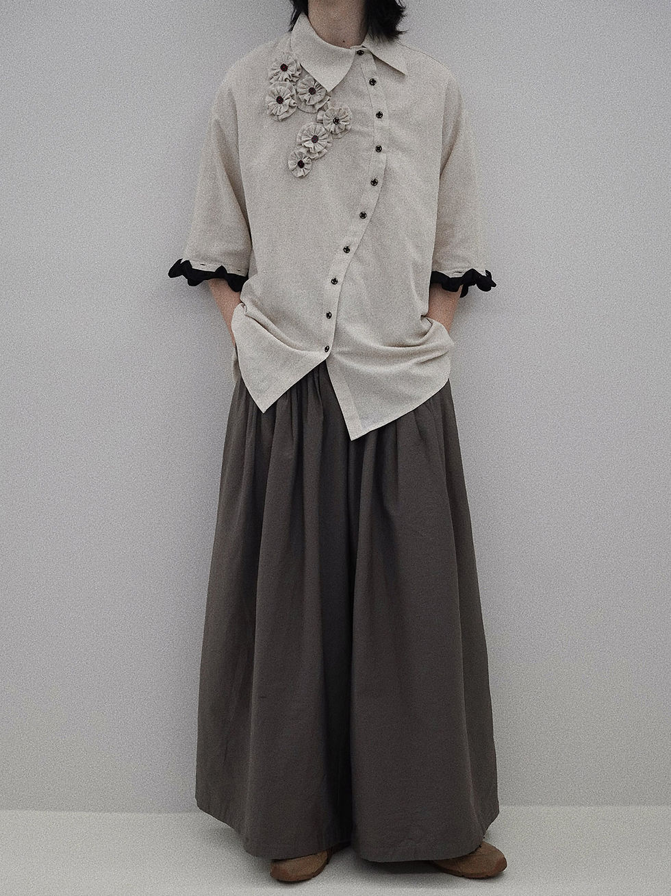 Thumbnail: Detachable Sleeve Linen Shirt with Handmade Floral Appliqué & Asymmetric Button 