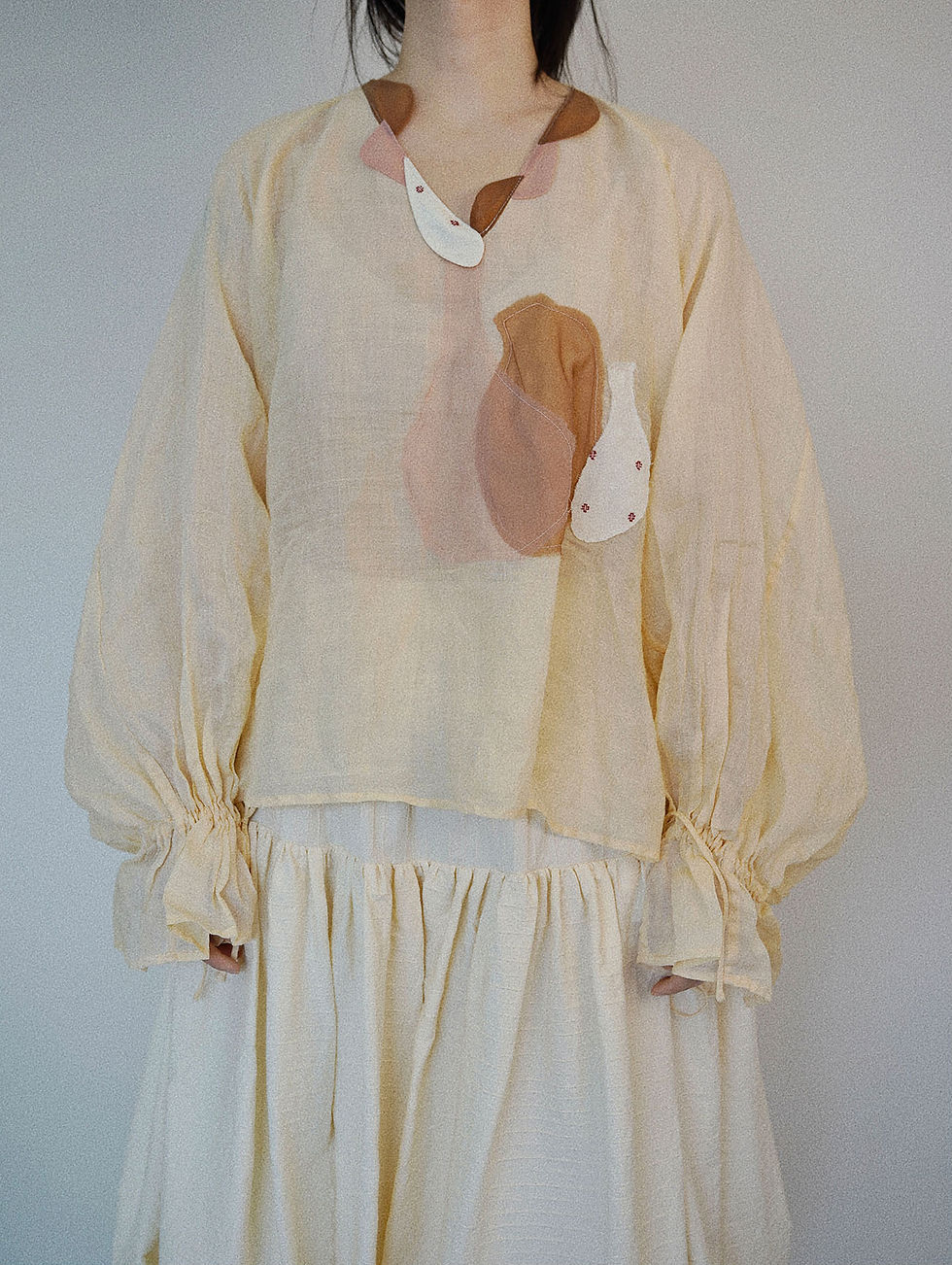 Thumbnail: Ramie Oversized Blouse with Art Vase Fabric Patchwork & Drawstring Lantern Sleev