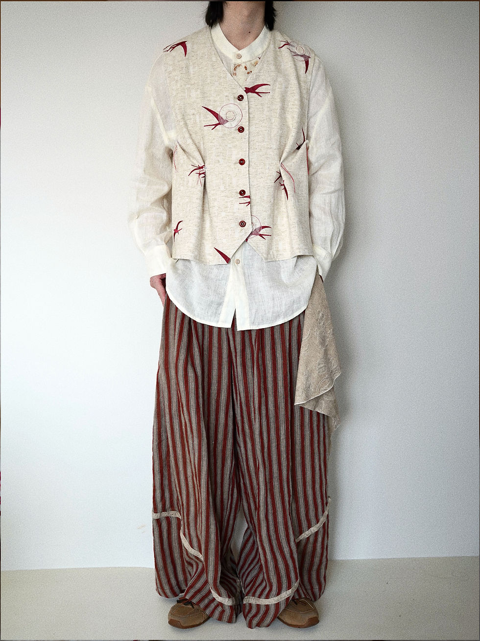 Thumbnail: Swallow Embroidery Reversible Linen Waistcoat