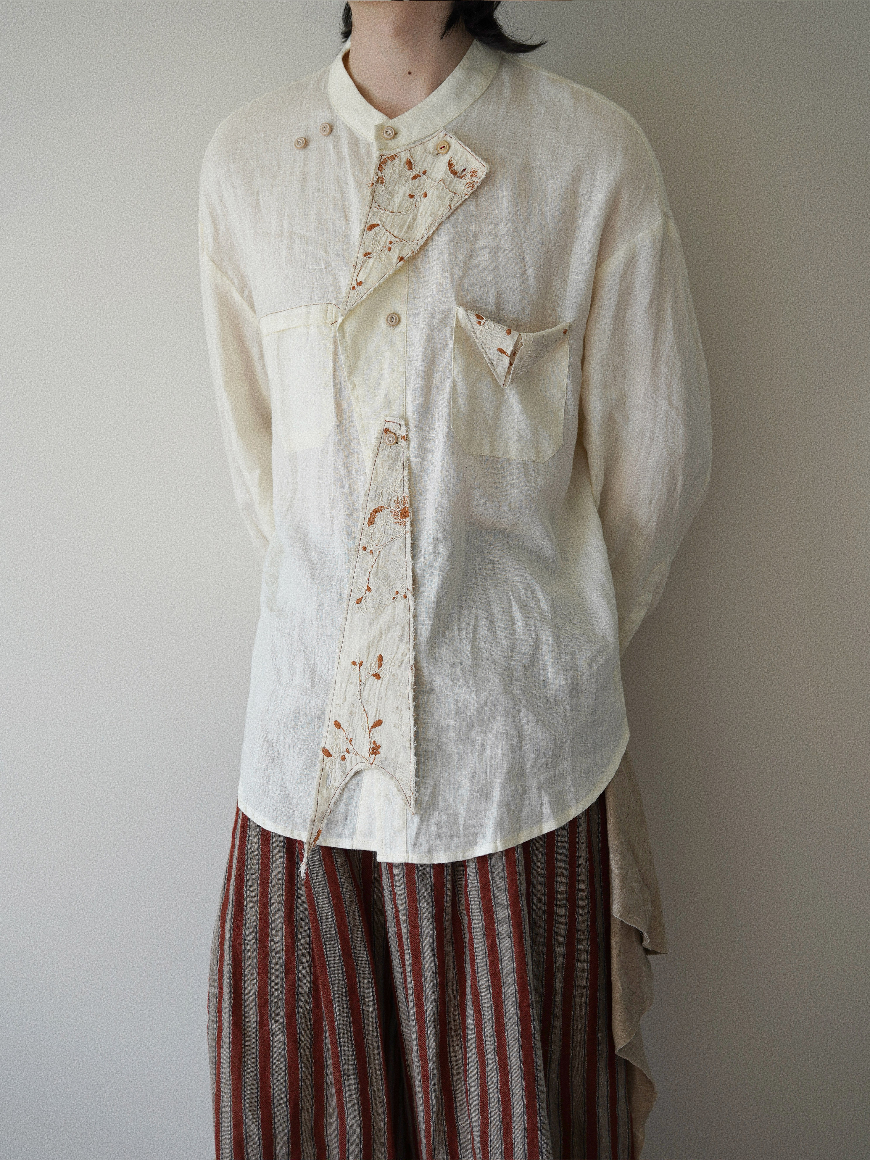 Embroidered Patch Panel Asymmetric Linen Shirt