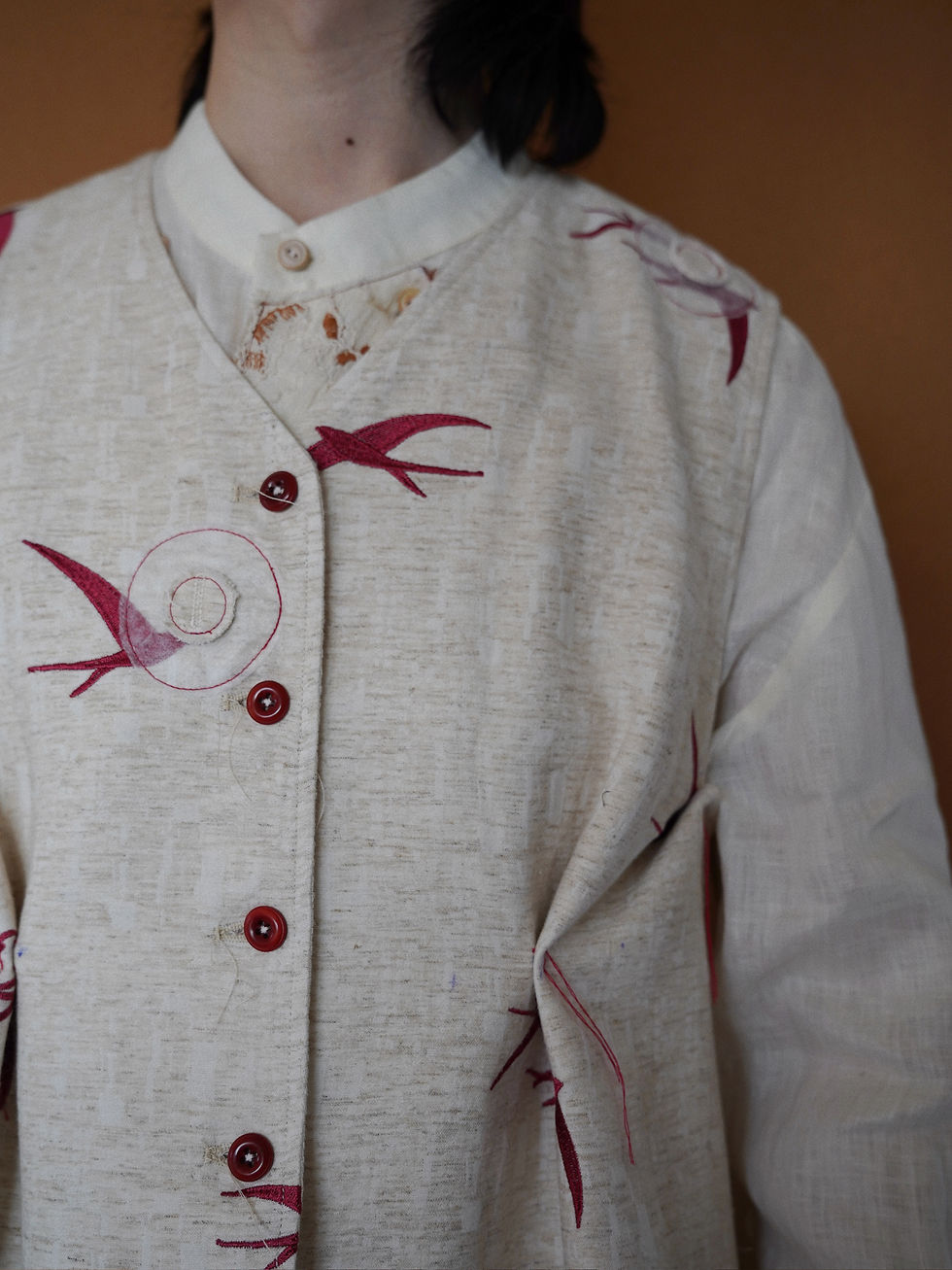 Thumbnail: Swallow Embroidery Reversible Linen Waistcoat