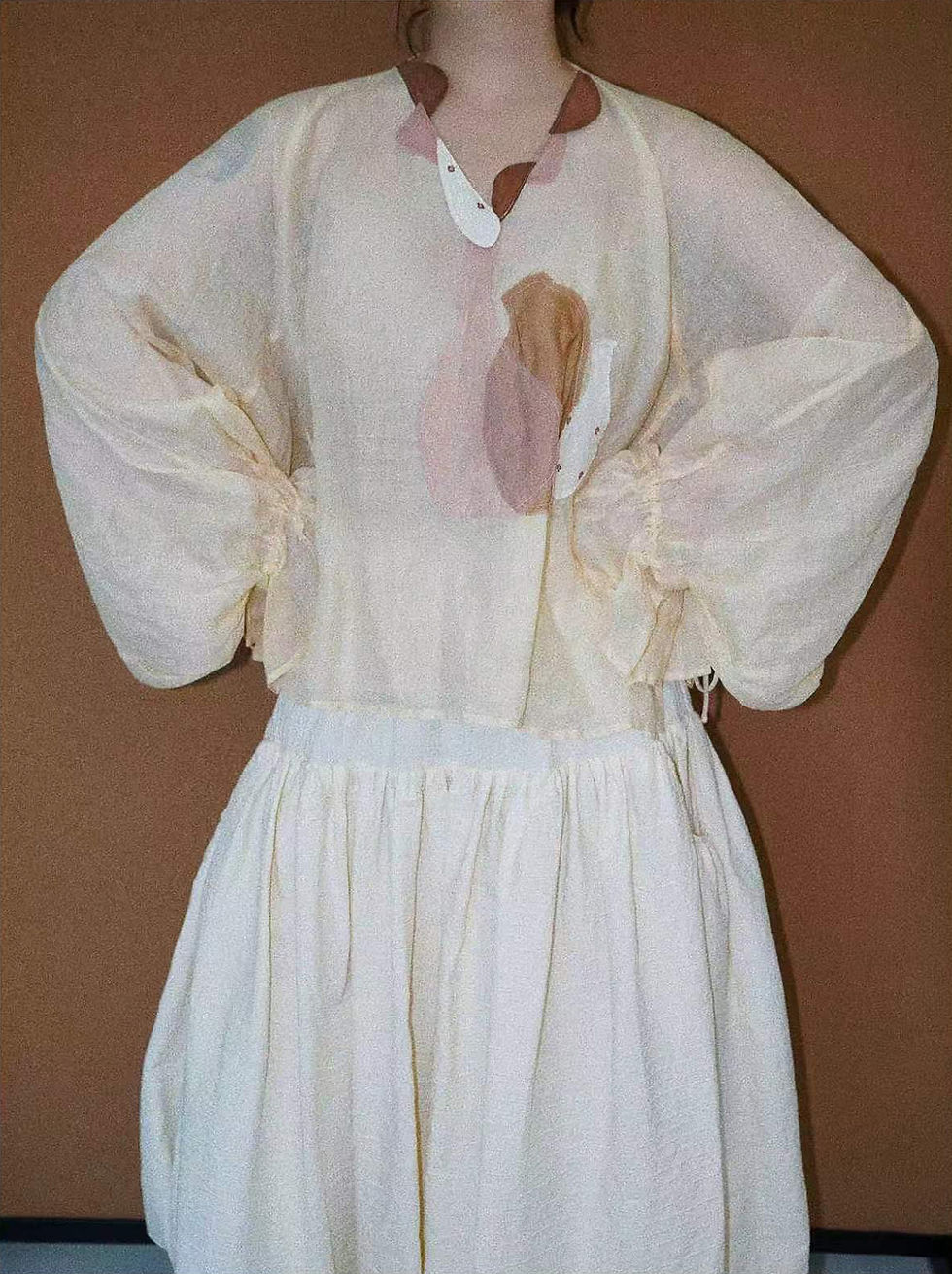 Thumbnail: Ramie Oversized Blouse with Art Vase Fabric Patchwork & Drawstring Lantern Sleev