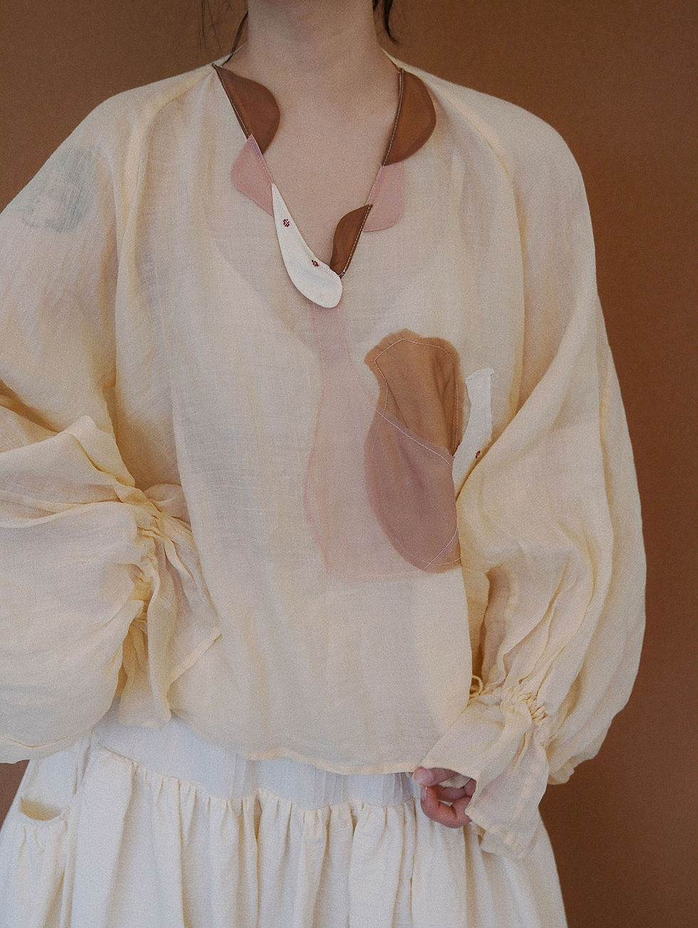 Thumbnail: Ramie Oversized Blouse with Art Vase Fabric Patchwork & Drawstring Lantern Sleev