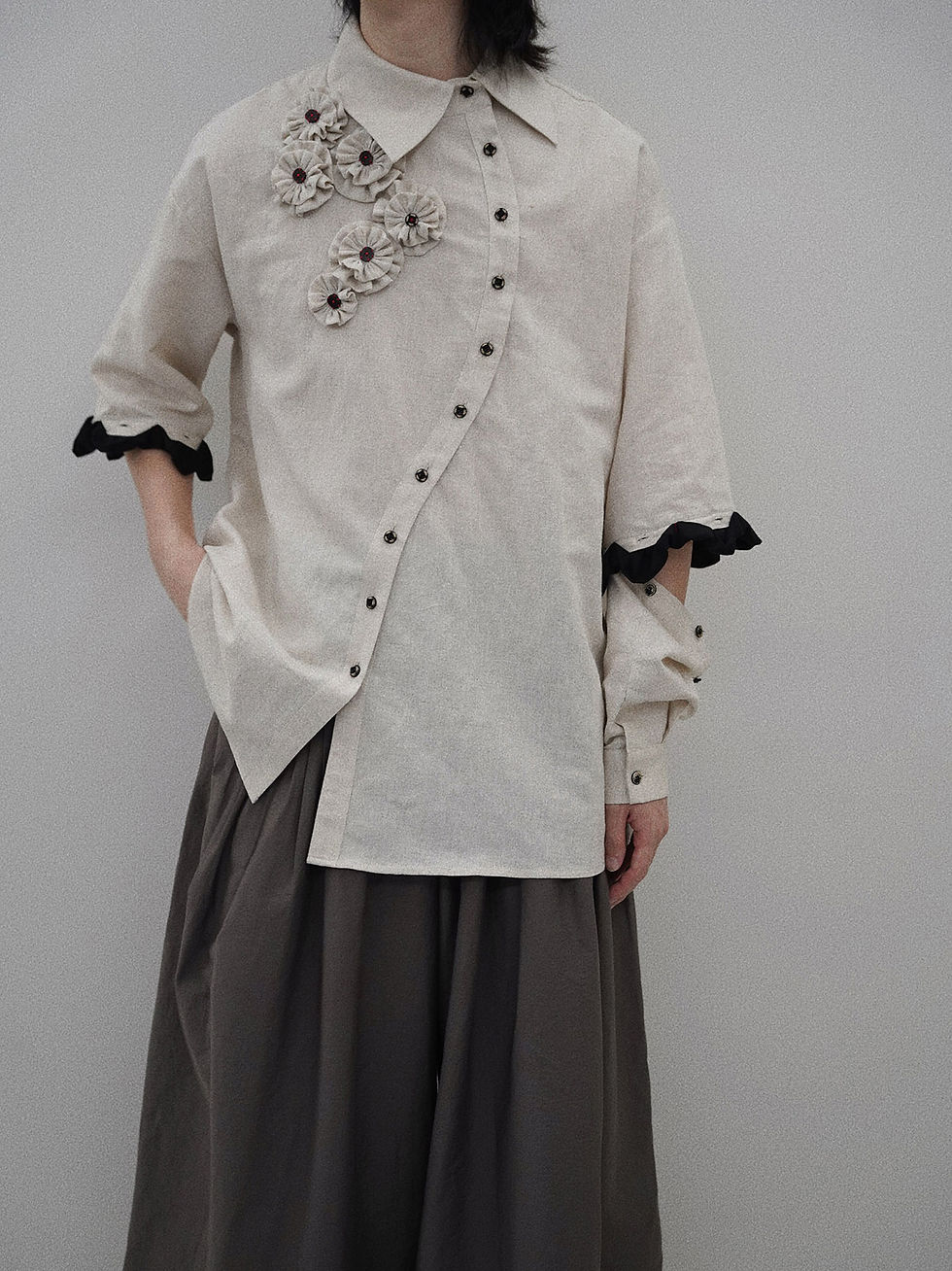 Thumbnail: Detachable Sleeve Linen Shirt with Handmade Floral Appliqué & Asymmetric Button 