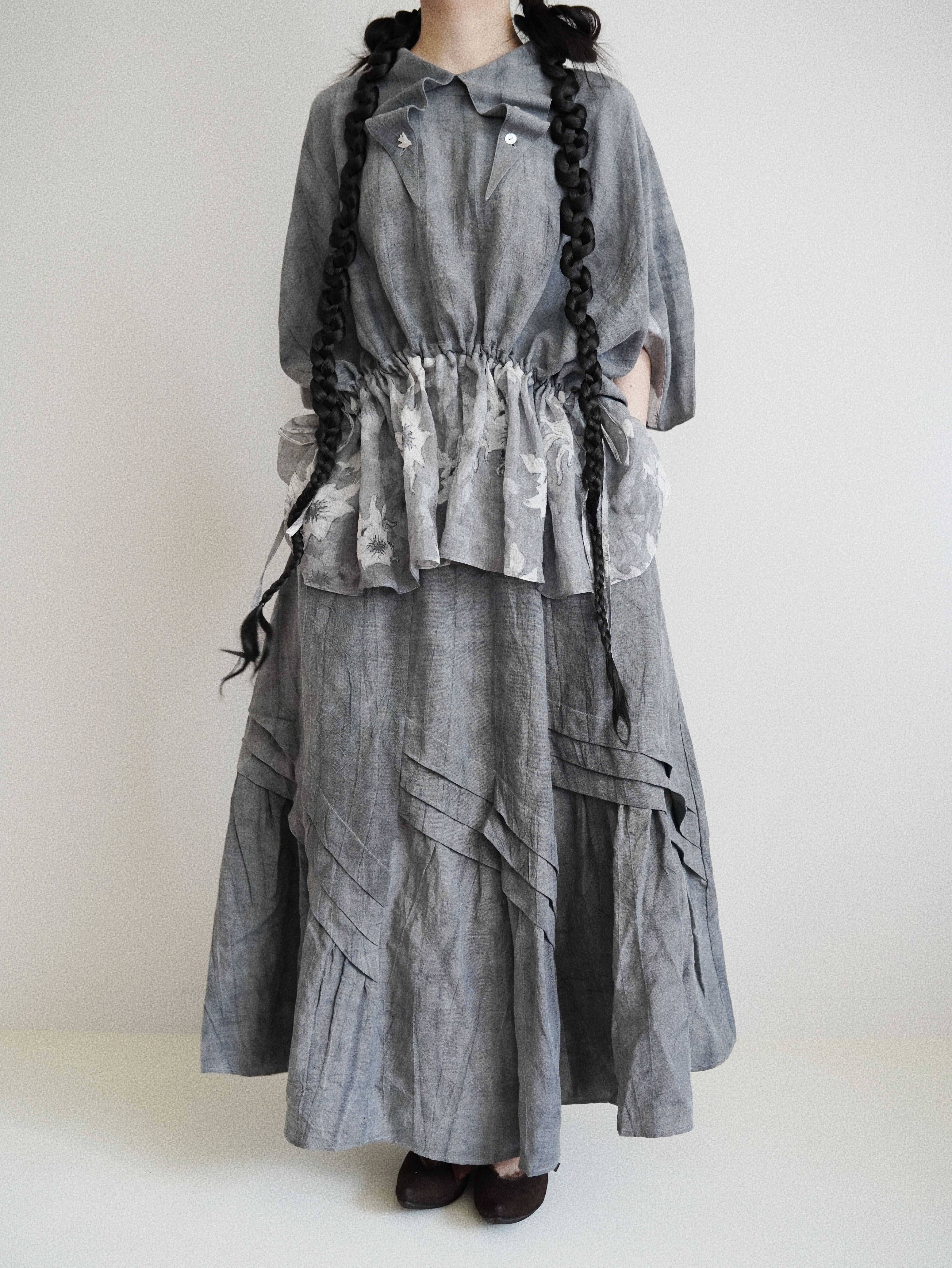 Patchwork Linen Blouse with Voluminous Batwing Sleeves