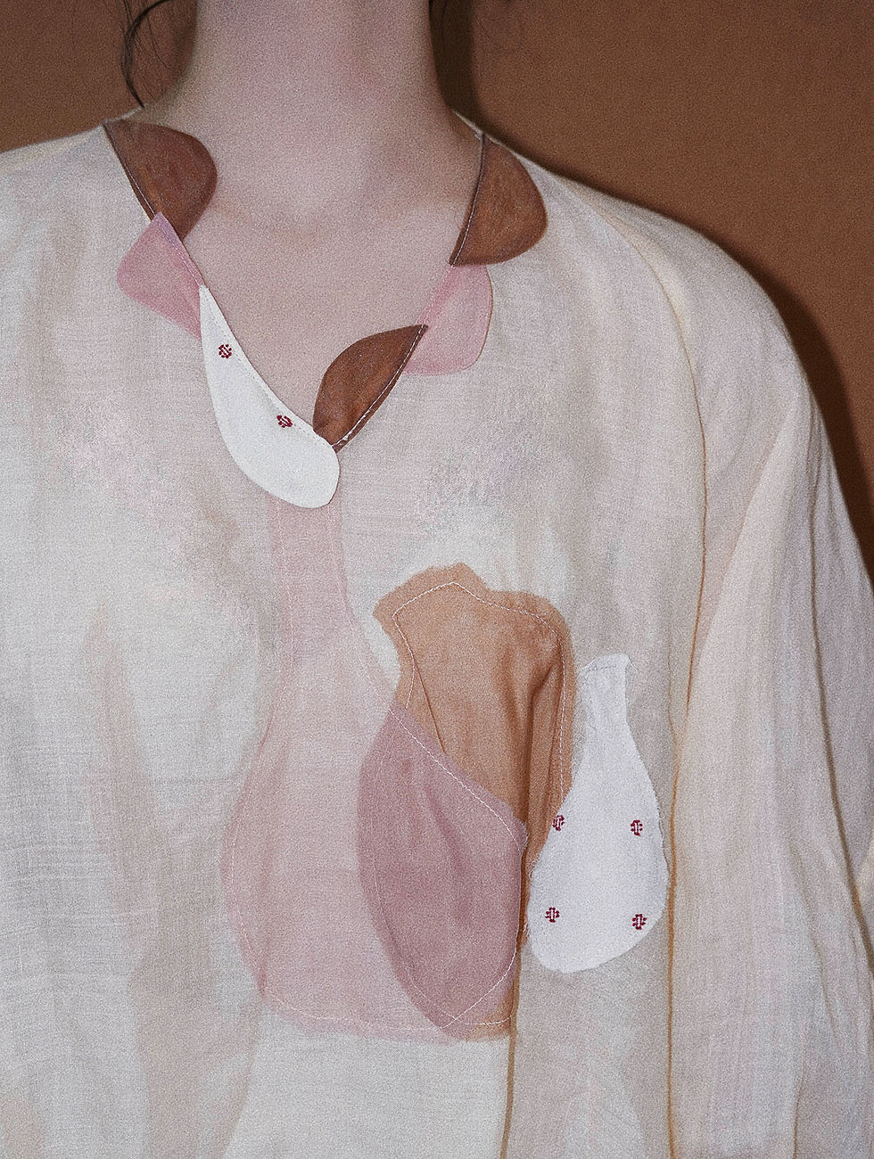 Thumbnail: Ramie Oversized Blouse with Art Vase Fabric Patchwork & Drawstring Lantern Sleev