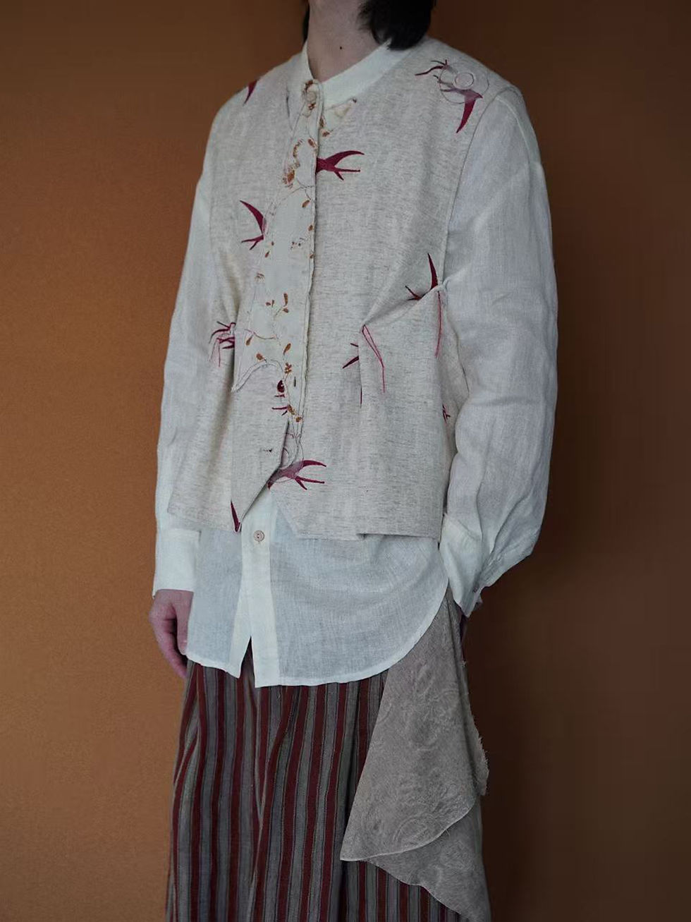 Thumbnail: Swallow Embroidery Reversible Linen Waistcoat