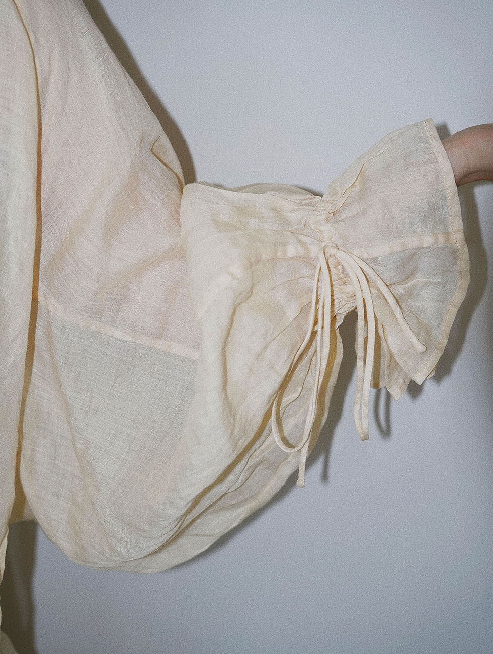 Thumbnail: Ramie Oversized Blouse with Art Vase Fabric Patchwork & Drawstring Lantern Sleev
