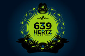 A vibrant depiction of the healing frequency 639 Hz in Solfeggio, symbolized by a meditator silhouette surrounded by intricate patterns, signifying harmony and connection.