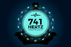 A vibrant depiction of the healing frequency 741 Hz in Solfeggio, symbolized by a meditator silhouette surrounded by intricate patterns, signifying harmony and connection.