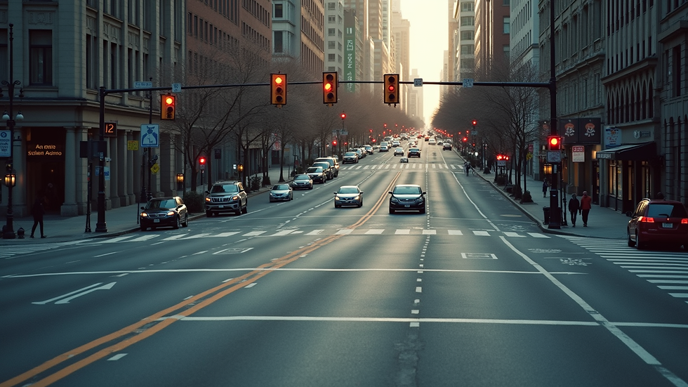 High angle view of a busy urban intersection with traffic lights