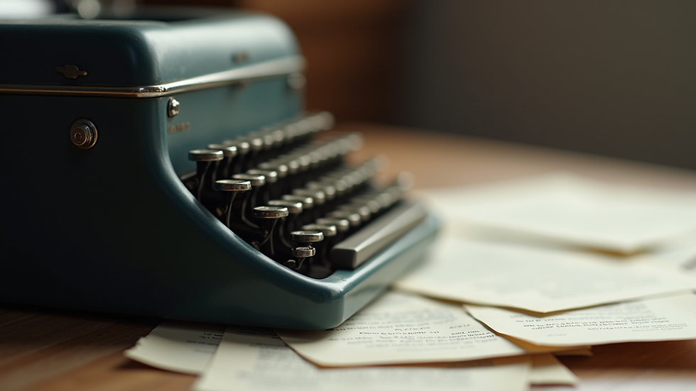 Close-up view of a vintage typewriter with scattered papers