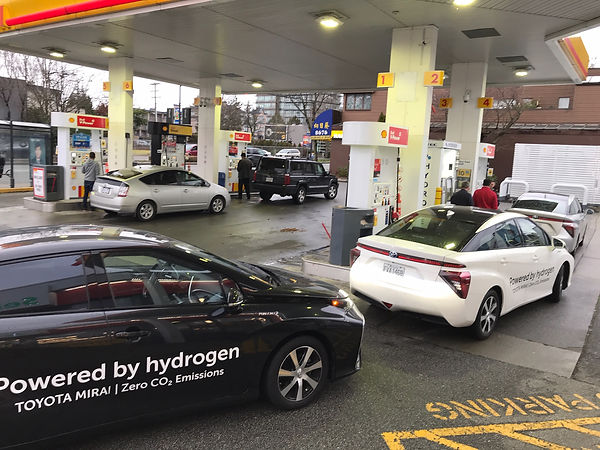 A lineup of Toyota Mirai fuel cell electric vehicles at HTEC's South Granville H2 fueling station in Vancouver