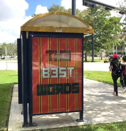 For Freedoms Billboard at FIU. Based on original painting, The Best Words, Acrylic, electrical tape, vinyl on wood, 2018.