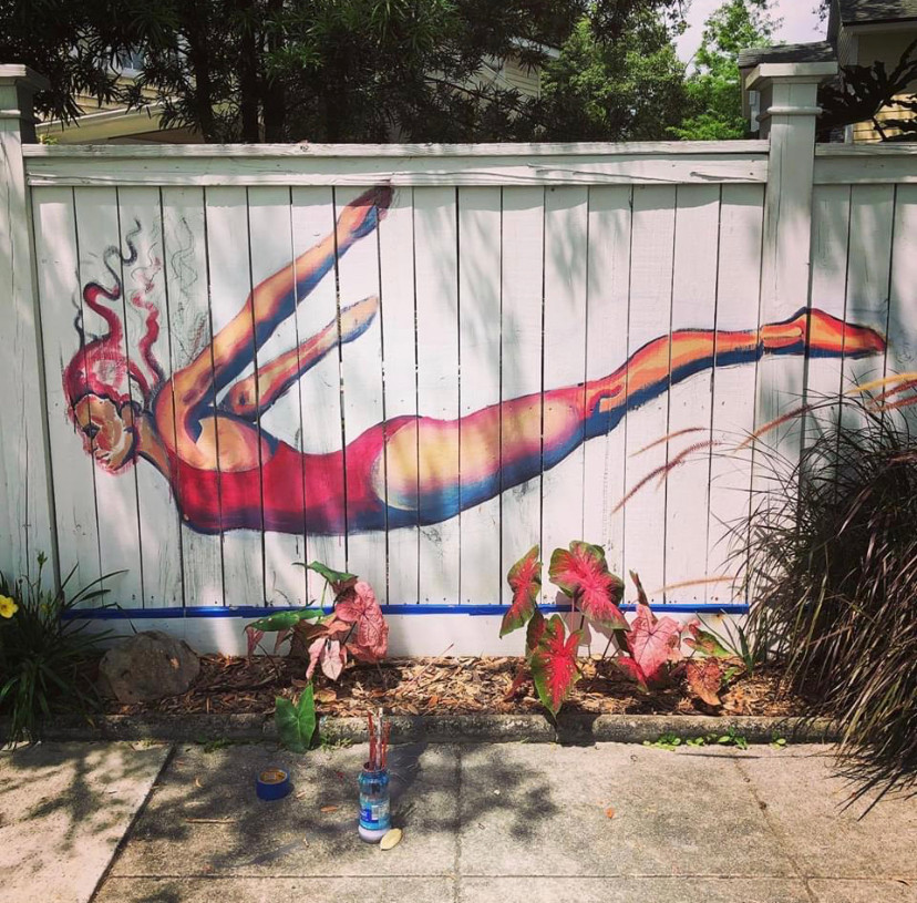 Mural by local art students in progress outside Ron's home - inspired by Swan Dive