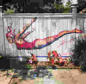 Mural by local art students in progress outside Ron's home - inspired by Swan Dive