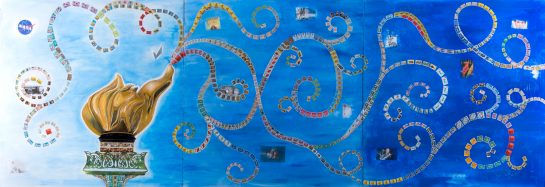 Coming To America, Acrylic, Antique international stamps, inkjet prints, denim on canvas, 54x164" 2017