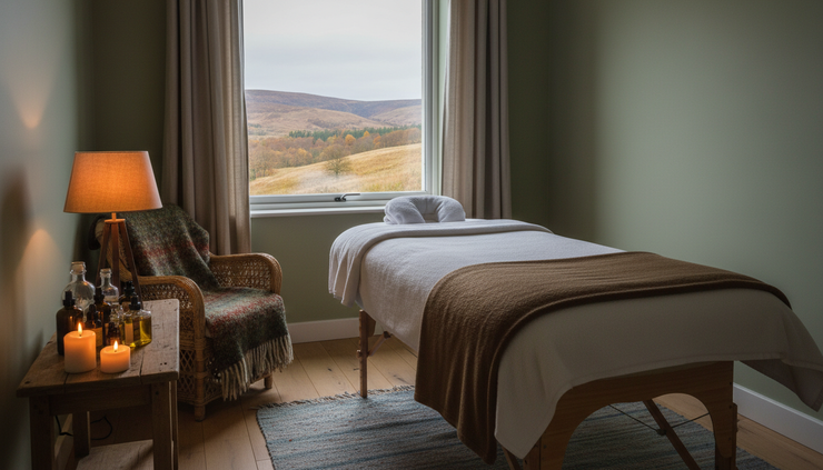 Eye-level view of a peaceful massage room with a treatment couch, towels, and candles.